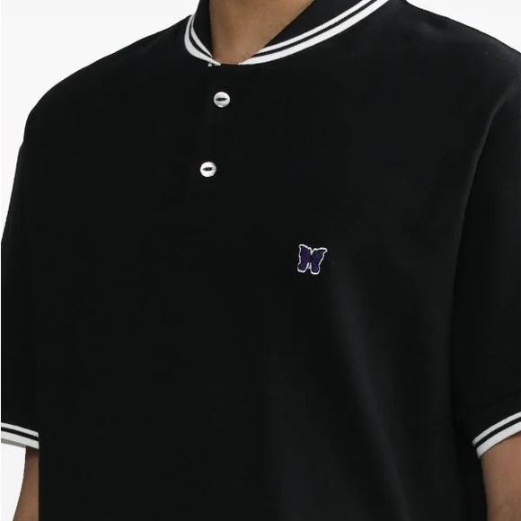 Needles Stripe Collar Embroidered Butterfly Polo In Black - Size  S/ M/L - Picture 12 of 14